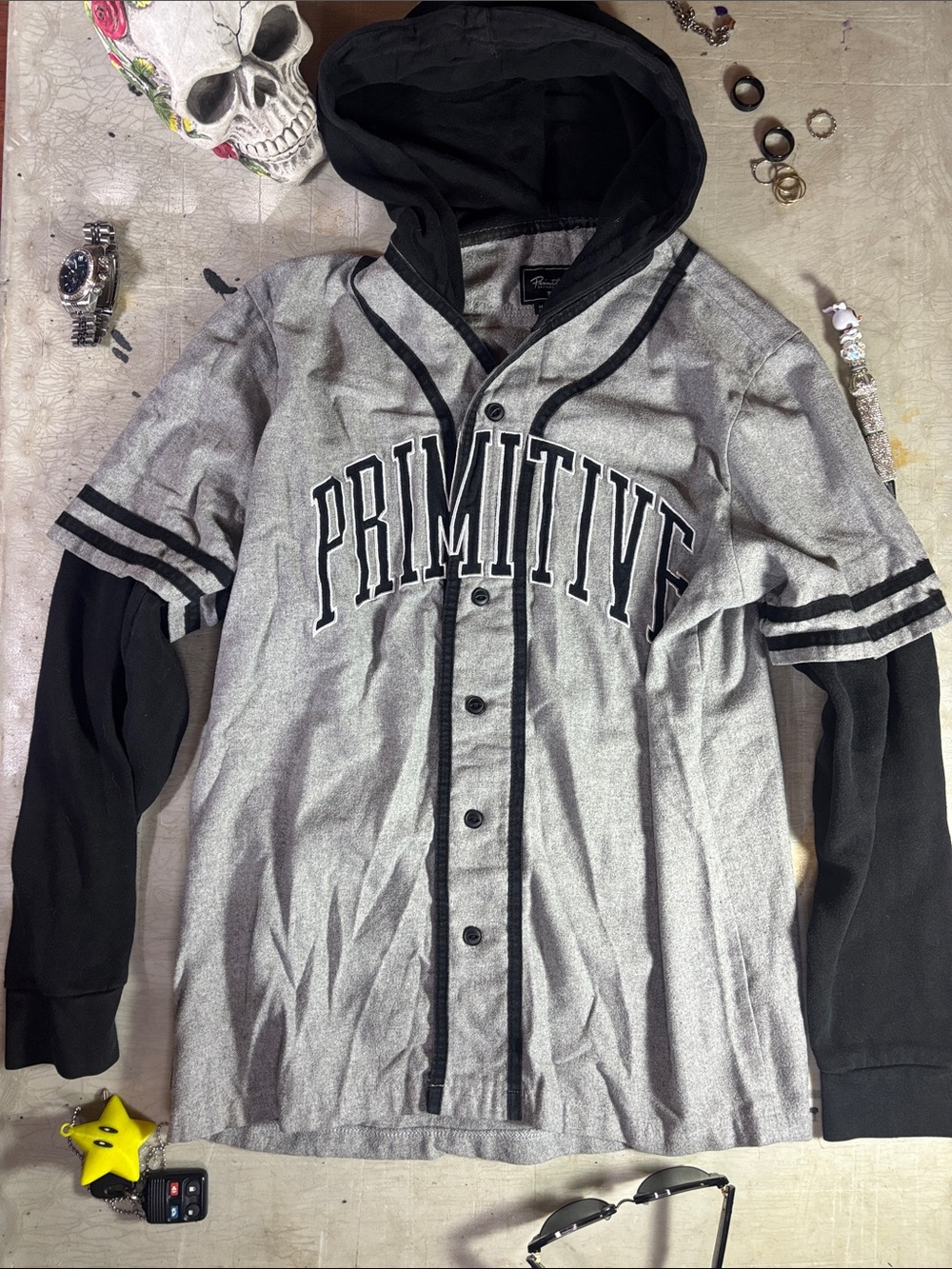 Primitive Layered Hooded Baseball Jersey in Gray and Black